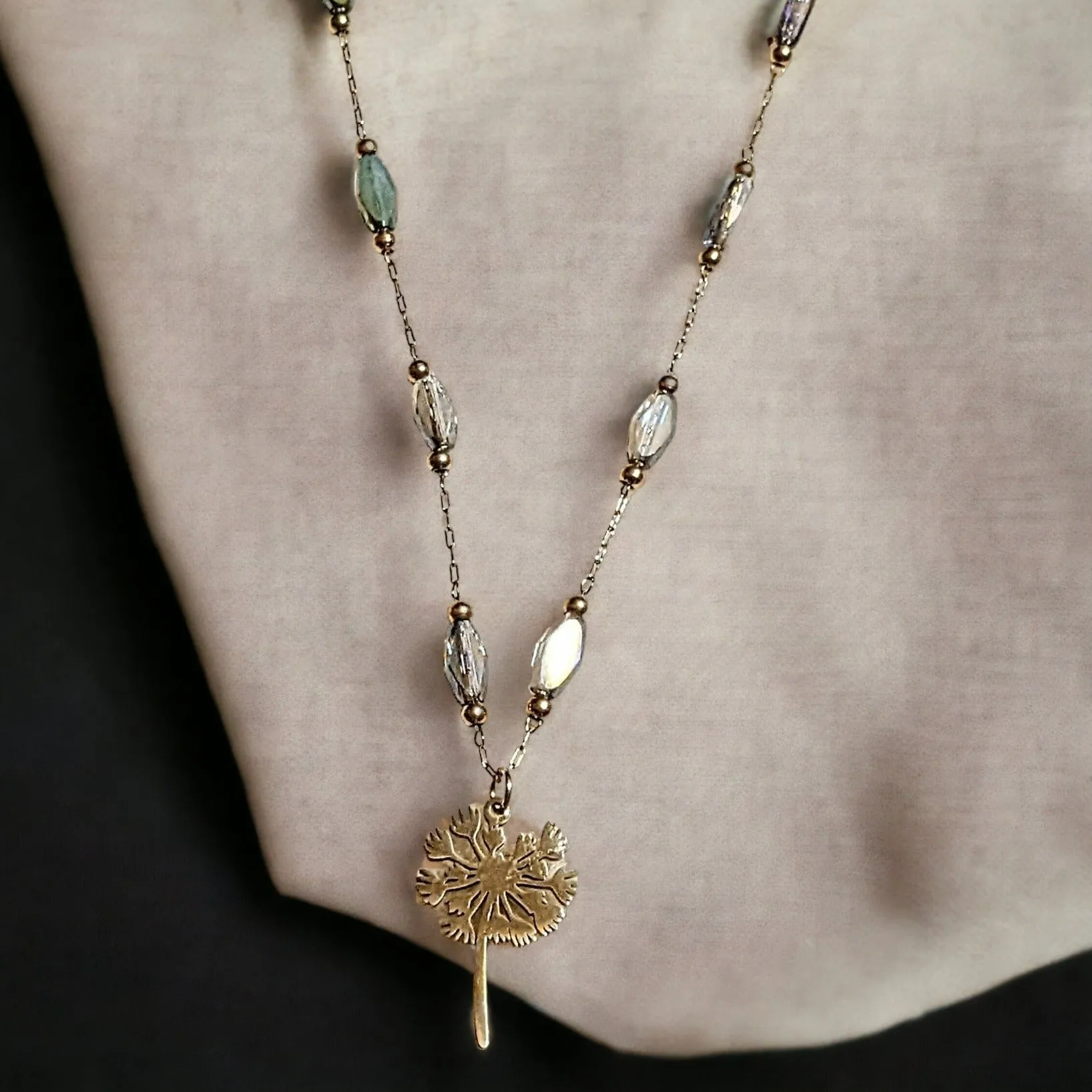 Gold Dandelion Crystal Bead Necklace, 20 inch