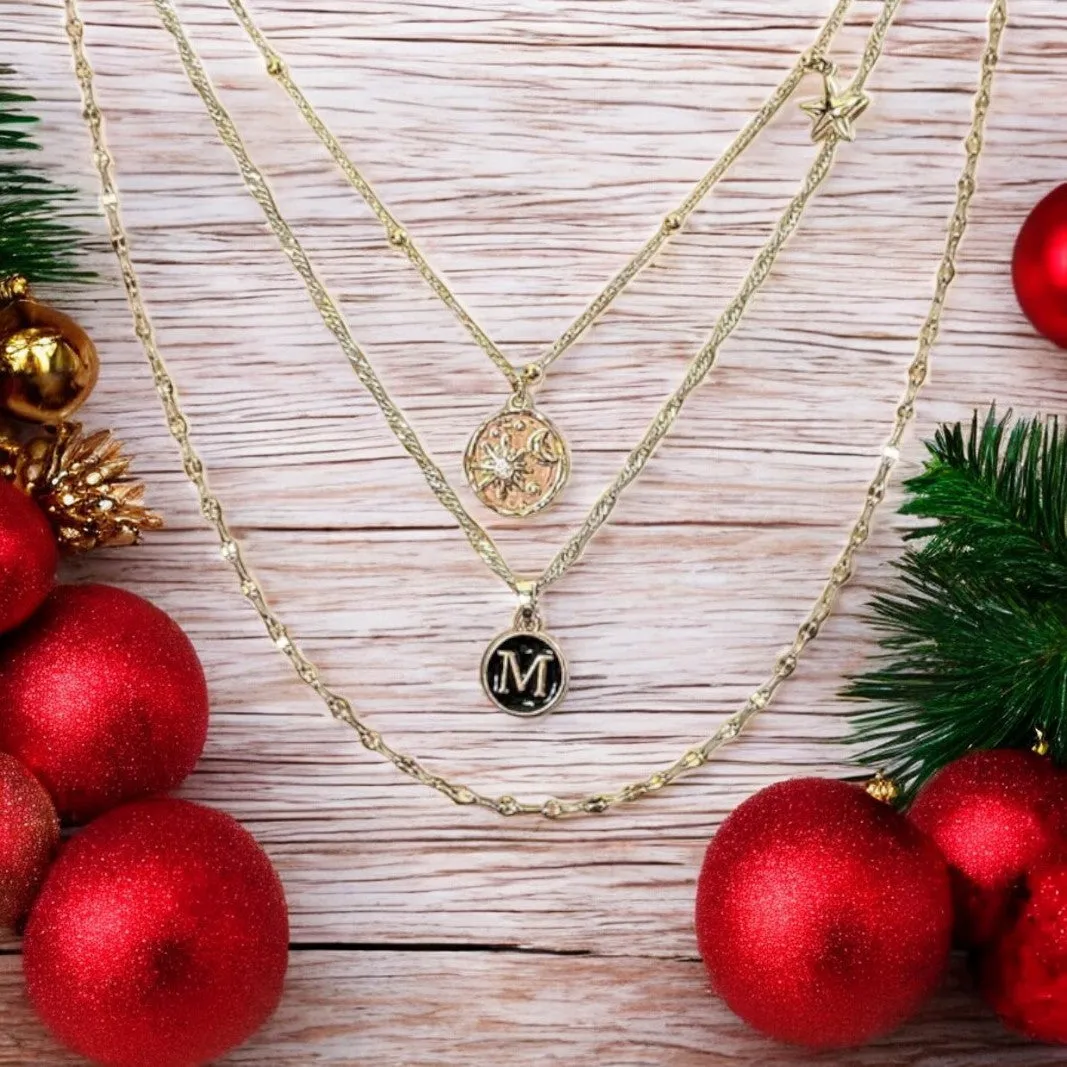 Gold Sun Moon Initial Layered Necklace Set