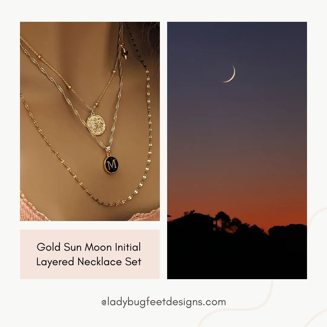 Gold Sun Moon Initial Layered Necklace Set