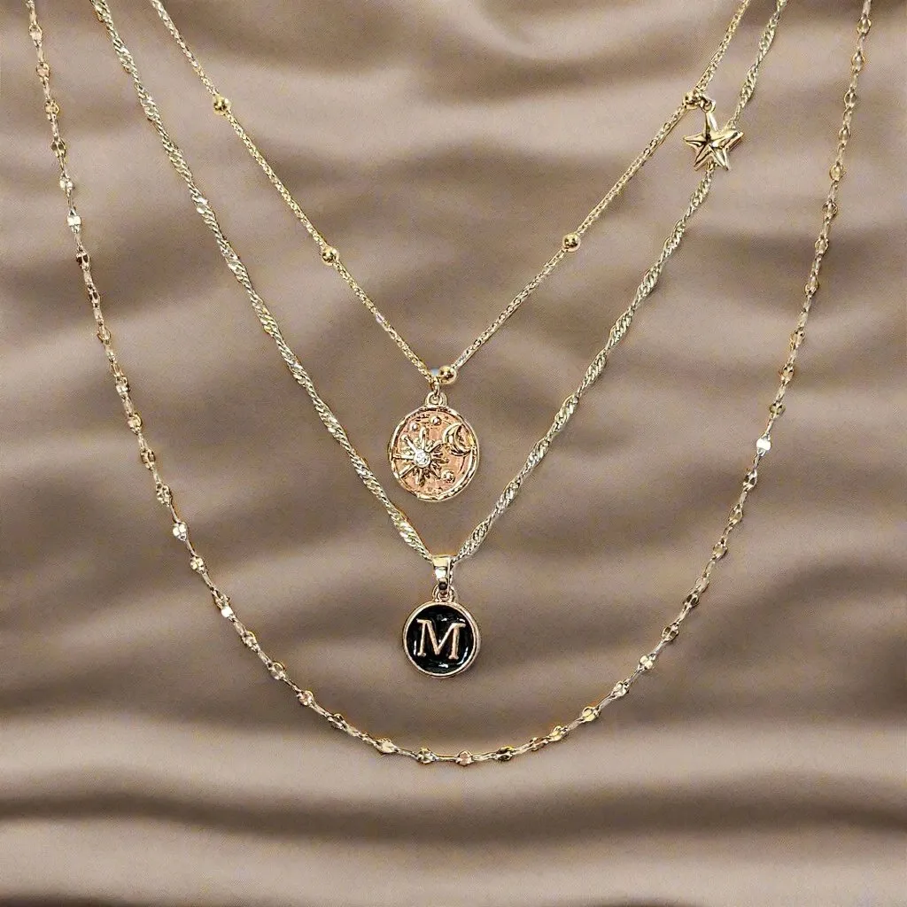 Gold Sun Moon Initial Layered Necklace Set