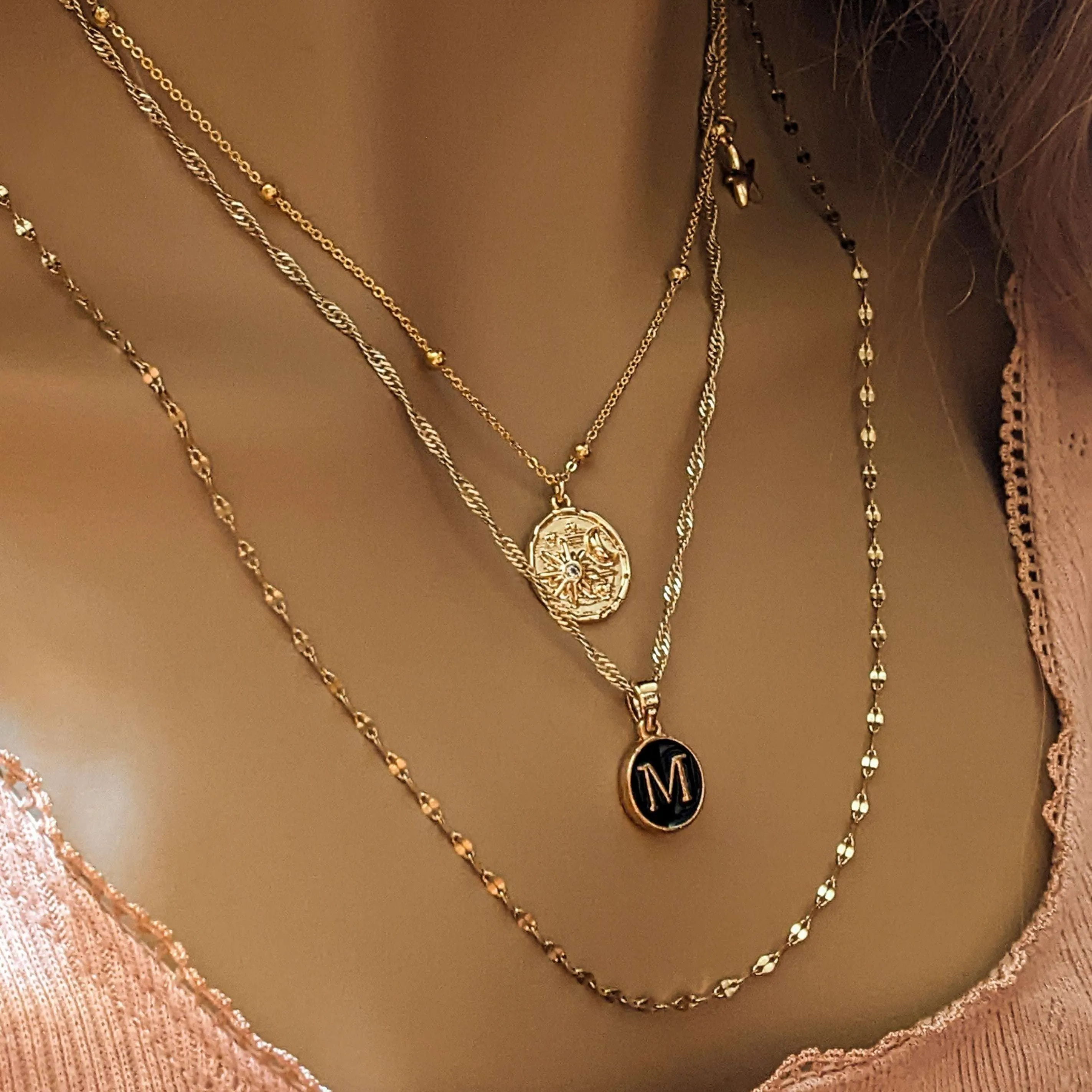 Gold Sun Moon Initial Layered Necklace Set