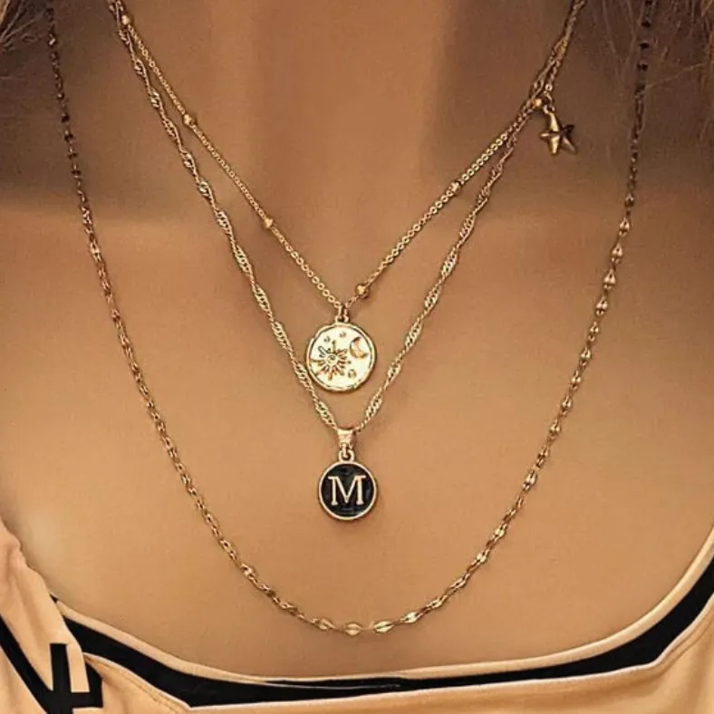 Gold Sun Moon Initial Layered Necklace Set