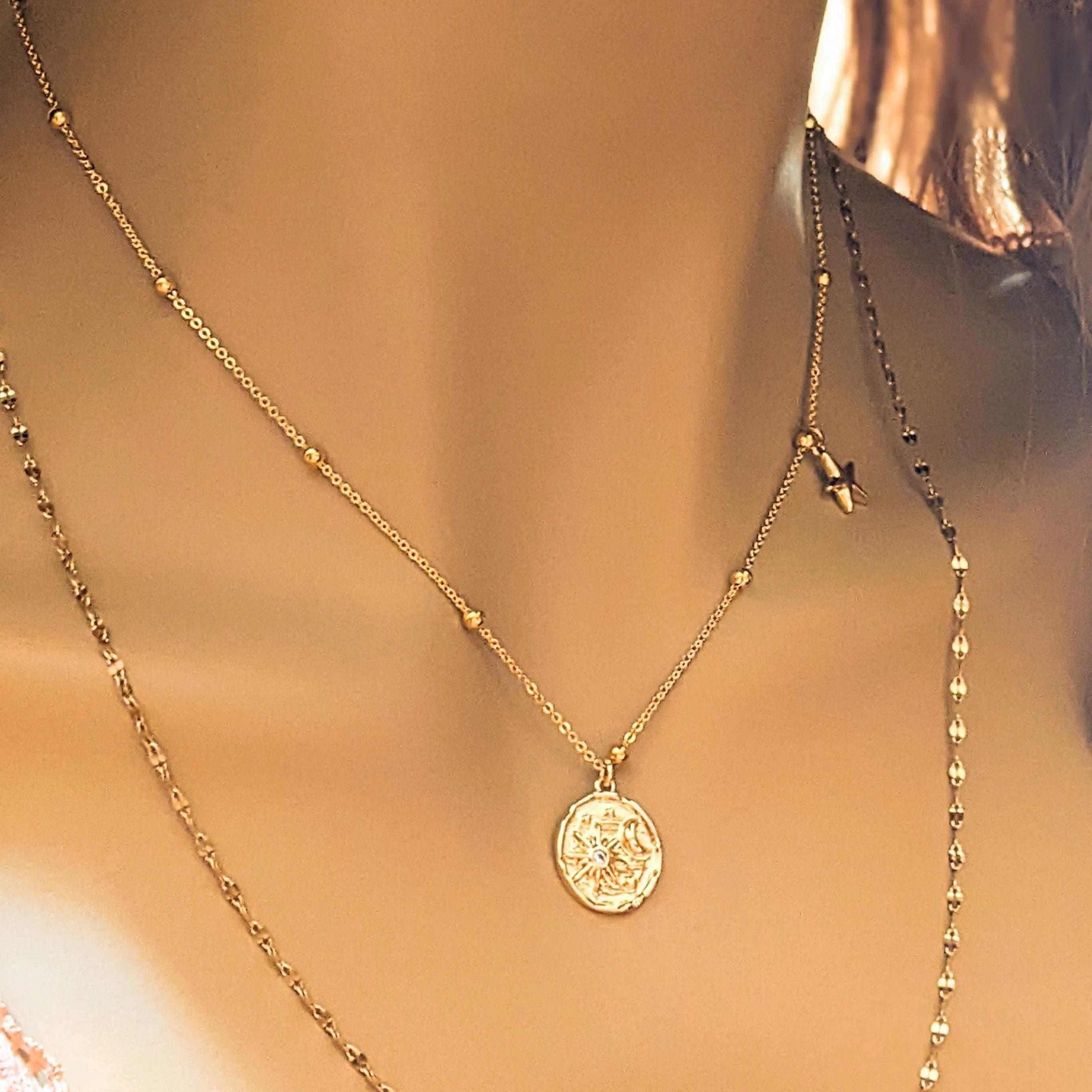 Gold Sun Moon Initial Layered Necklace Set