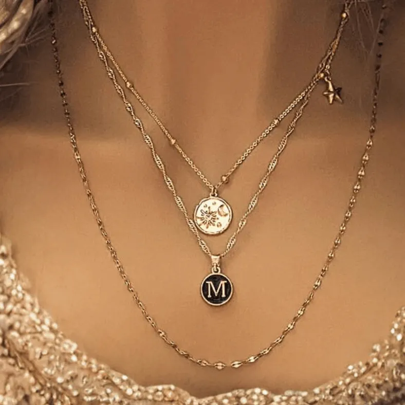 Gold Sun Moon Initial Layered Necklace Set