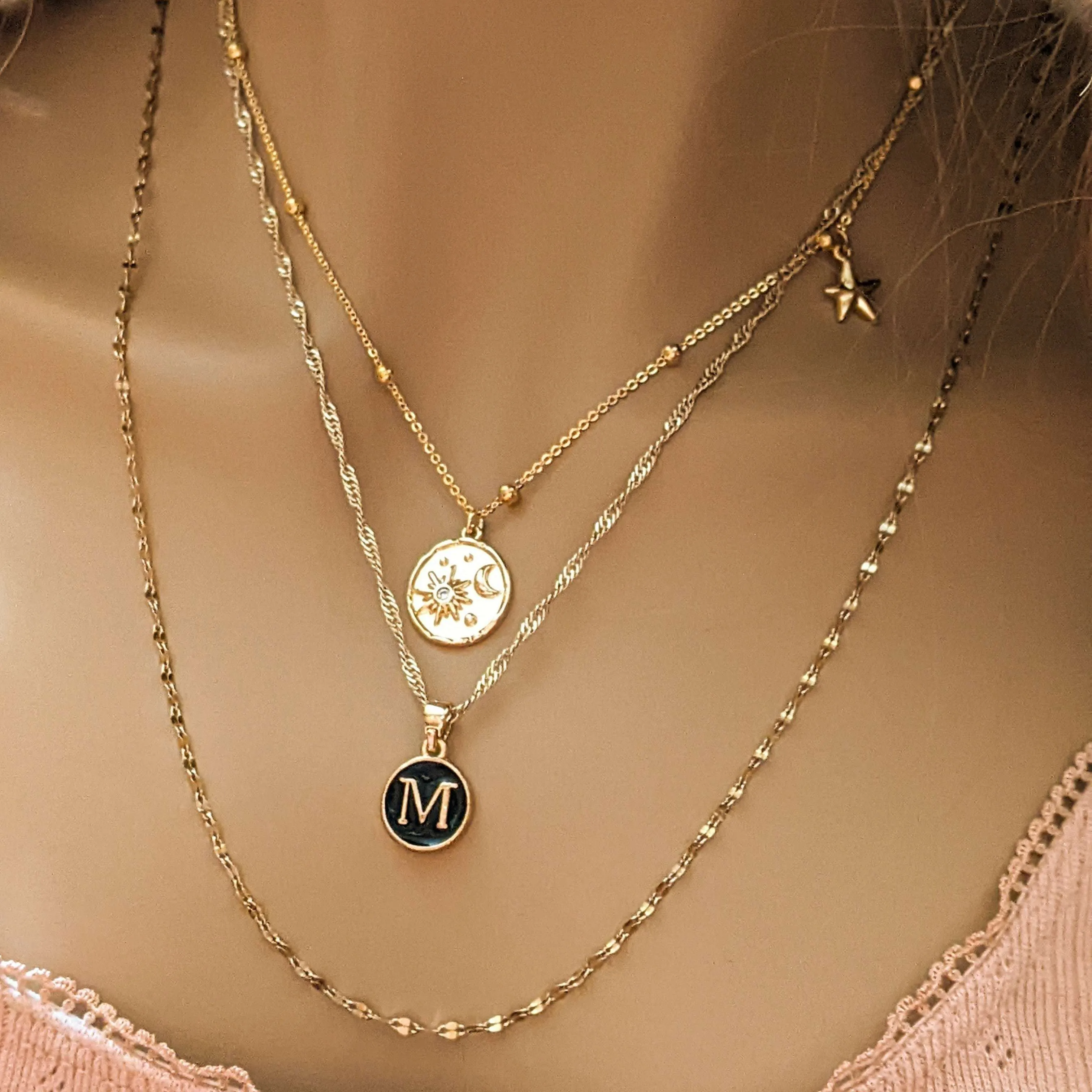 Gold Sun Moon Initial Layered Necklace Set