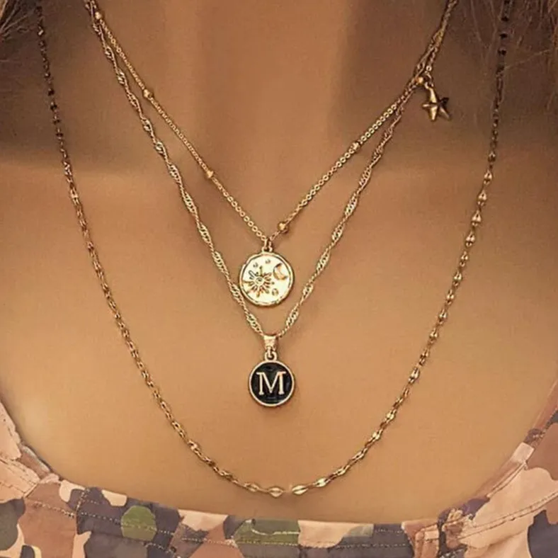 Gold Sun Moon Initial Layered Necklace Set