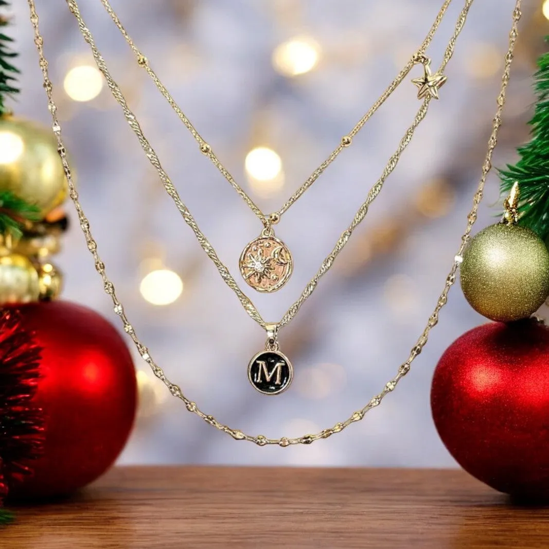 Gold Sun Moon Initial Layered Necklace Set