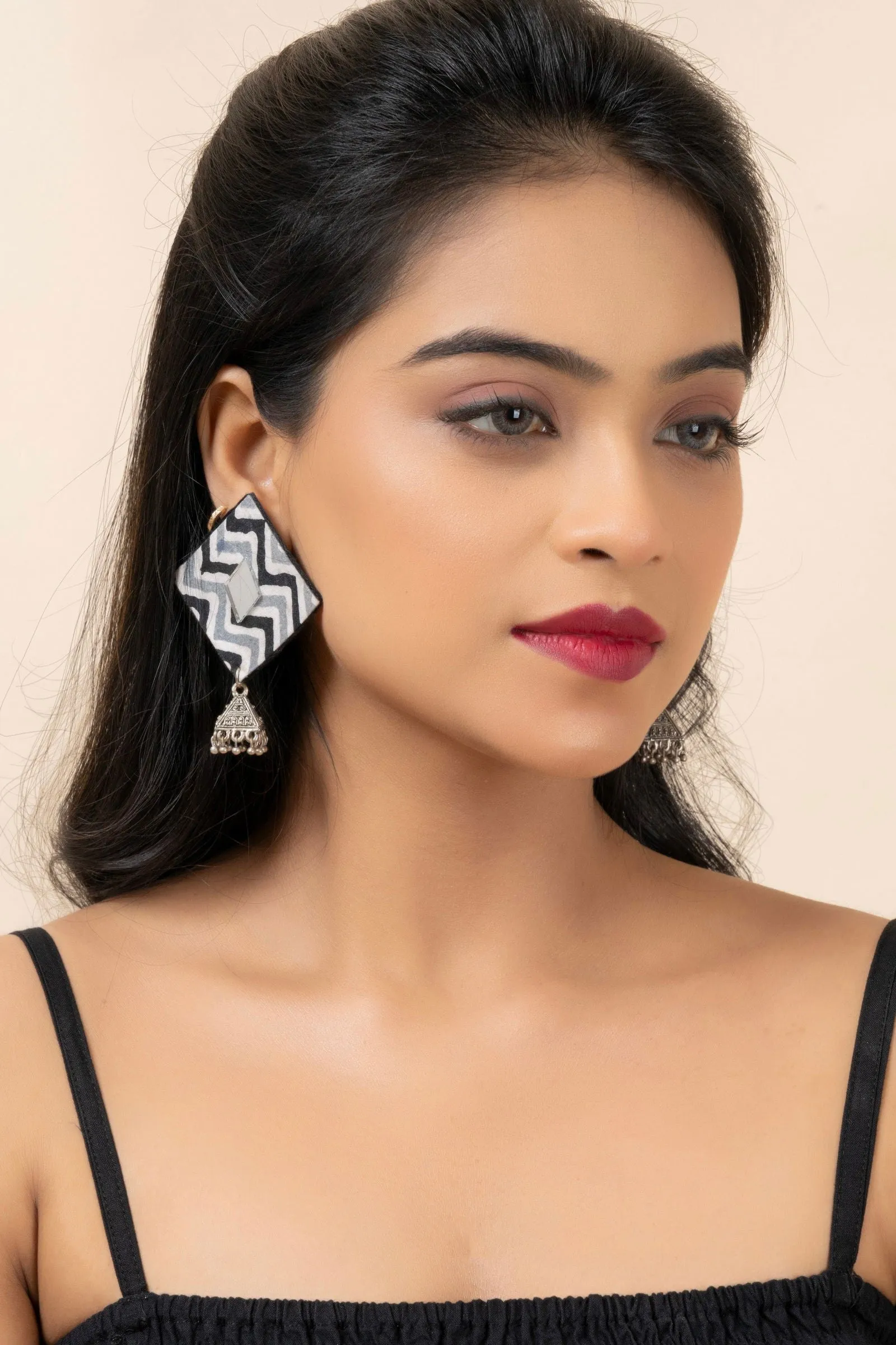 Handmade Gray Black Zigzag Cotton Fabric Stud with German Silver Jhumka Earrings