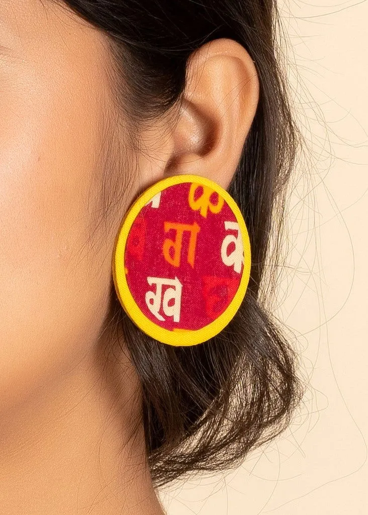 Handmade Yellow Red Script Fabric Stud Earrings Silver for All Occasions - Non-Allergic and Stylish