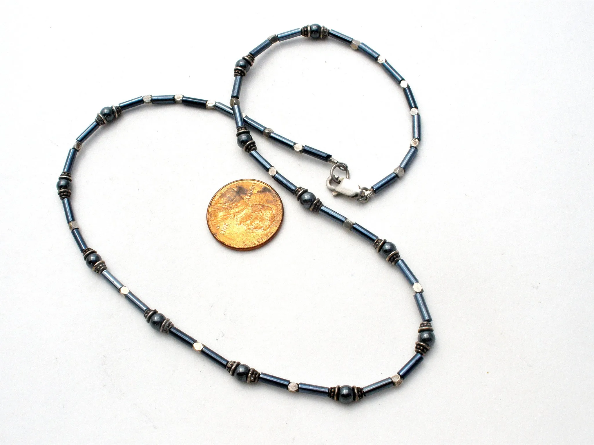 Hematite & Sterling Silver Bead Necklace 16"