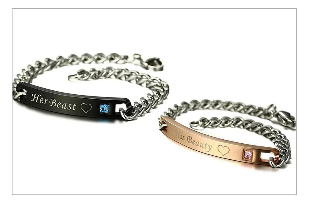 His Beauty &amp Her Beast Couple's Chain Link Rhinestone Bracelets