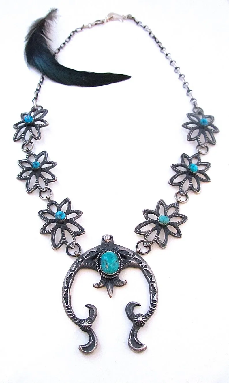 KEVIN BILLAH Sandcast Sterling Silver and Kingman Turquoise Naja Squash Blossom