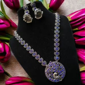 Mayur Silver Oxidized Necklace Set, Blue