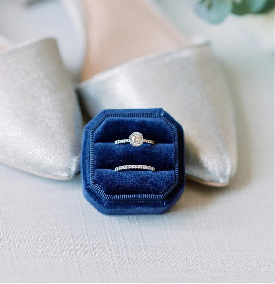 Navy Blue Velvet Square Octagon Ring Box