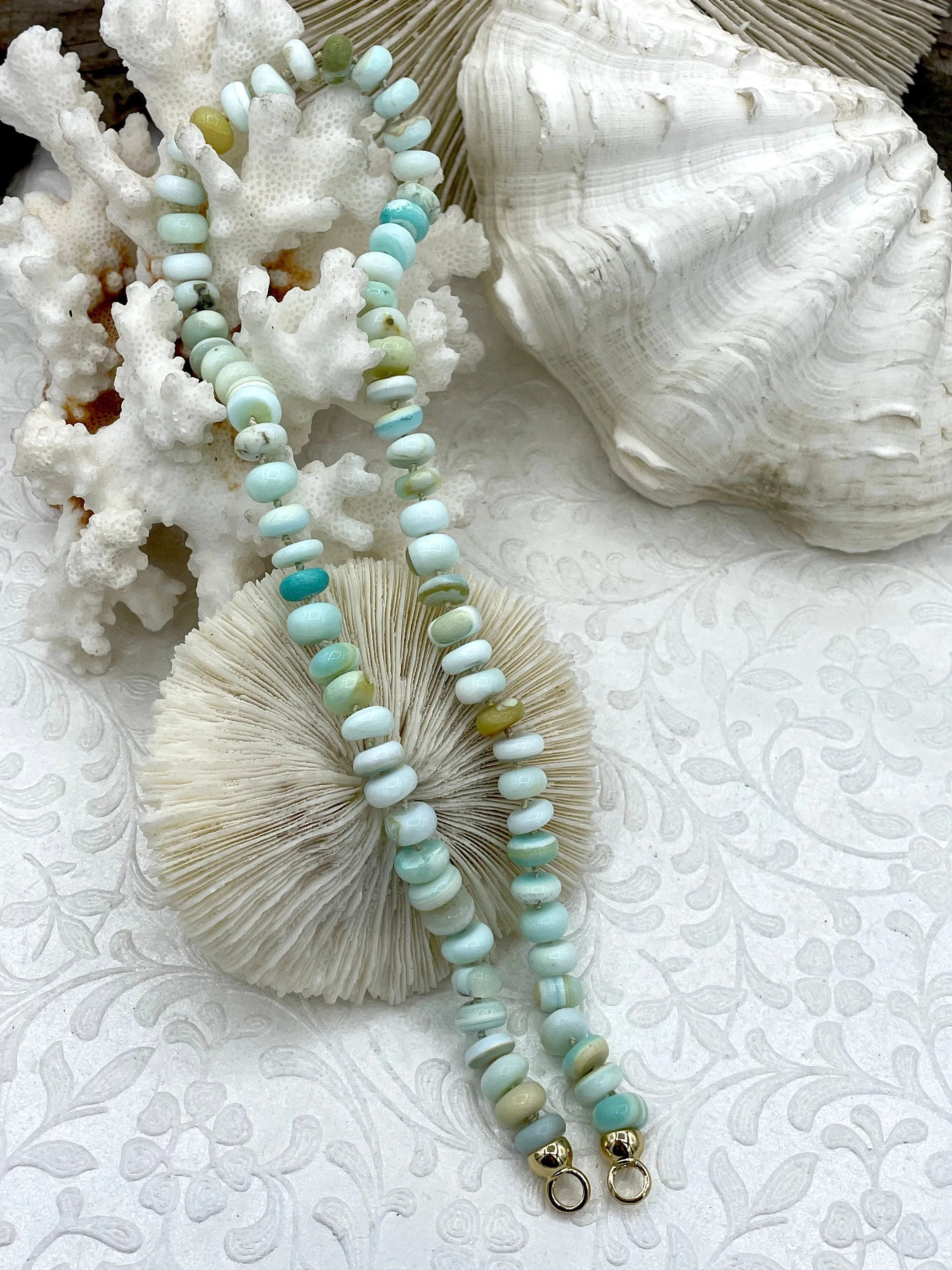 Peruvian Sky Blue Mixed Opal Hand Knotted Necklace, 16" Long, Rondelle Stones 8mmx5mm w/Gold Finished Ends, Candy Necklace, Fast Ship