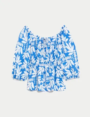 Printed Blouson Sleeve Peplum Top