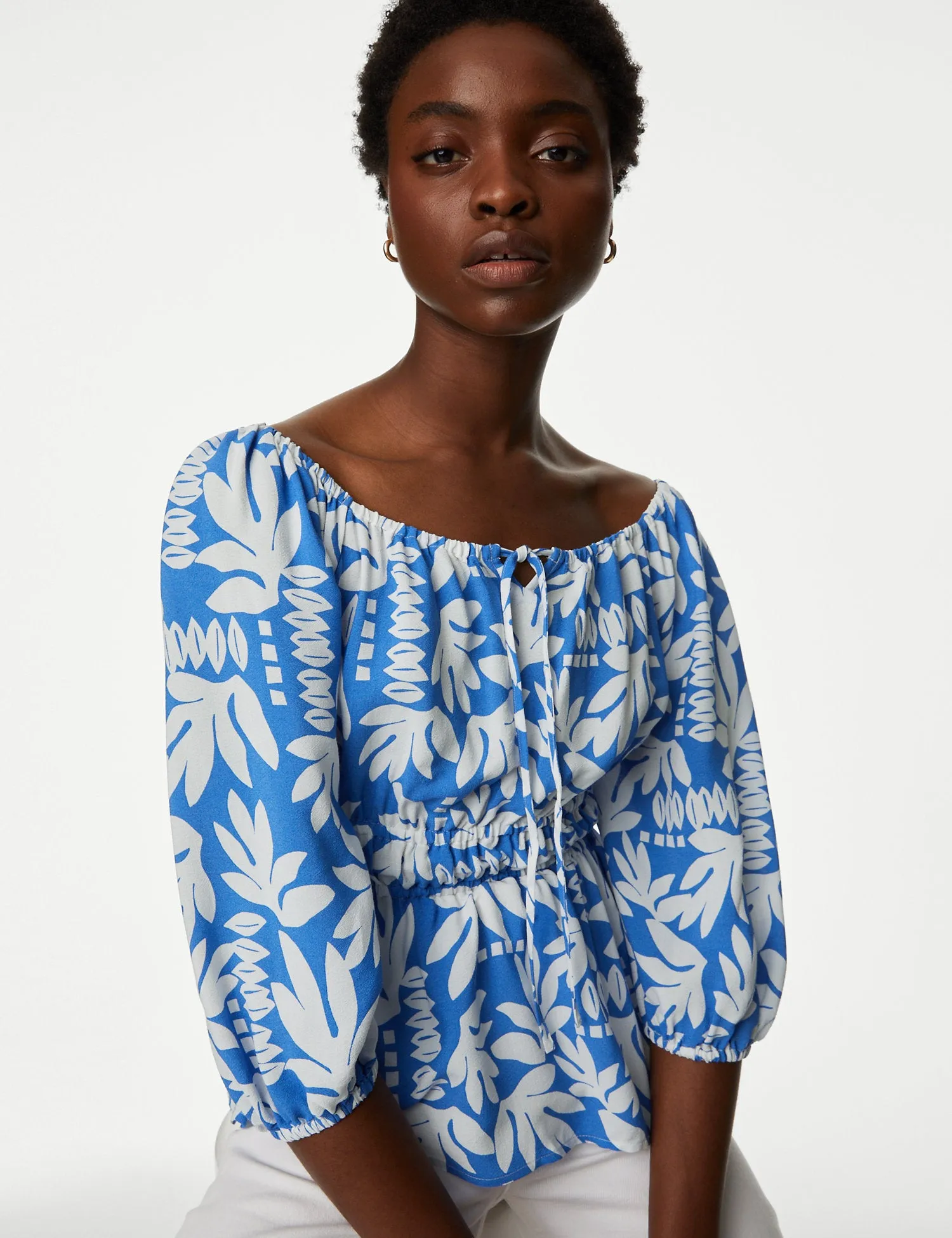 Printed Blouson Sleeve Peplum Top