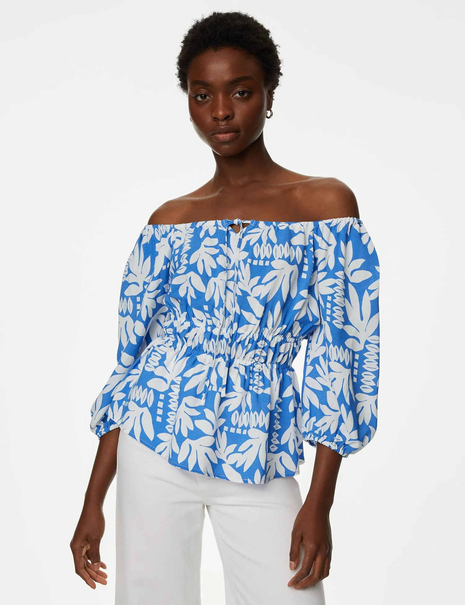 Printed Blouson Sleeve Peplum Top