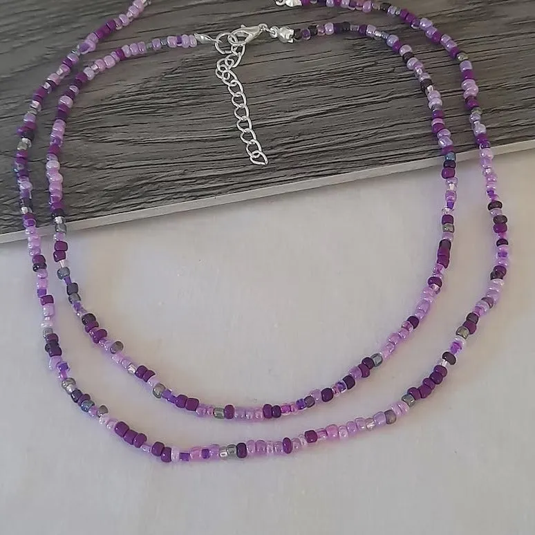 Purple Beaded Choker Necklace - 16 inch