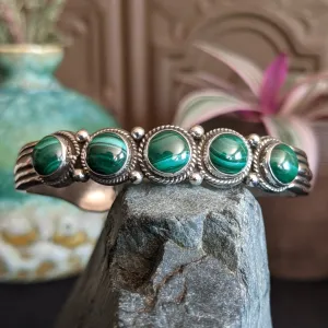 Quintuple Malachite Sterling Silver Cuff designed by Elgin Tom GJ-BRC-0055