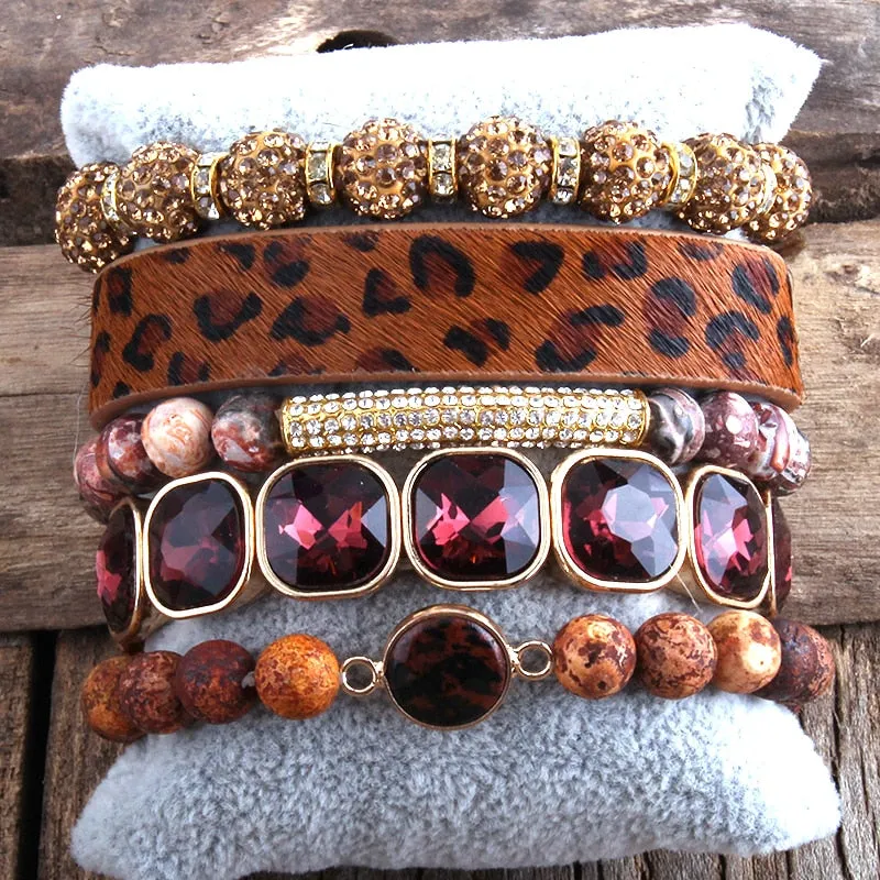 RH Fashion leopard Leather Bracelet Set 5pc Handmade Natural Stone Female Femme Bracelets Sets For Women Jewelry DropShipping