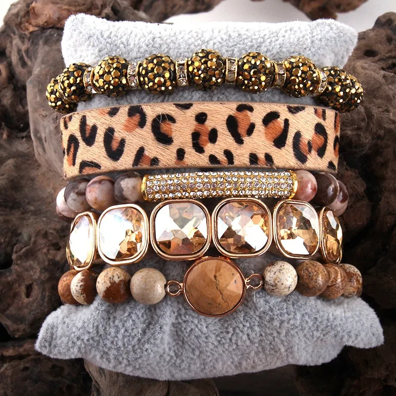 RH Fashion leopard Leather Bracelet Set 5pc Handmade Natural Stone Female Femme Bracelets Sets For Women Jewelry DropShipping