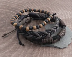 Rope Sliders & Wood Bead Bracelet 3 pack Brown