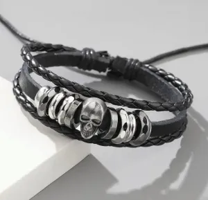 Silver Metal Skull Real Black Leather Bracelet