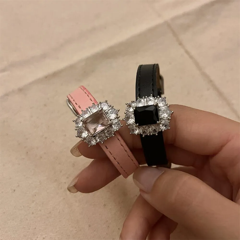 Sisslia Zircon Leather Bracelet Pink Gem Fashion All-In-One Wrist Strap Adjustable Bracelet for Woman