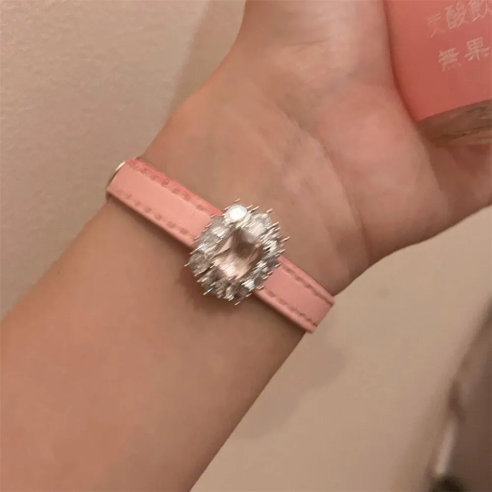 Sisslia Zircon Leather Bracelet Pink Gem Fashion All-In-One Wrist Strap Adjustable Bracelet for Woman