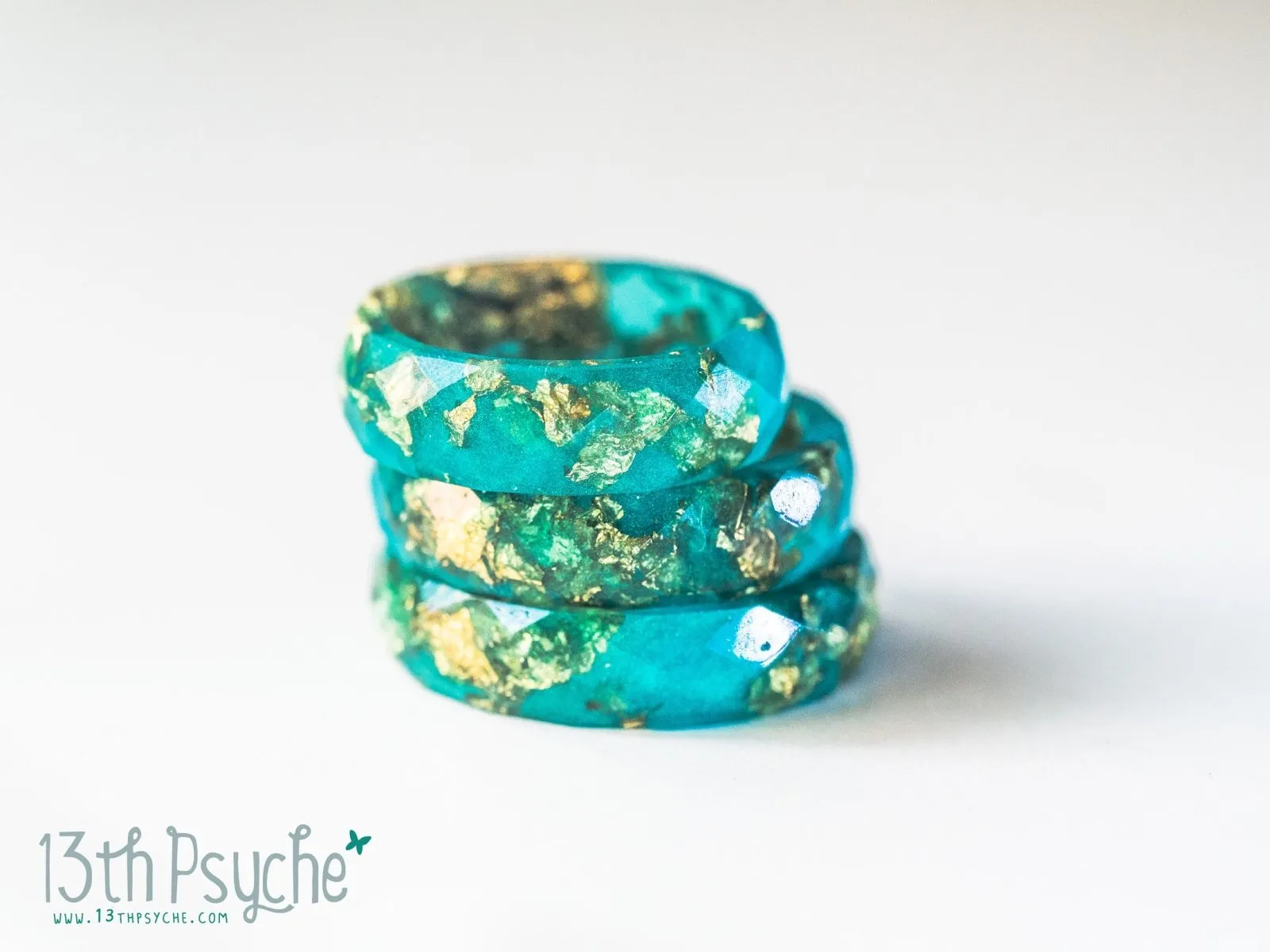 Turquoise and gold flakes faceted resin ring