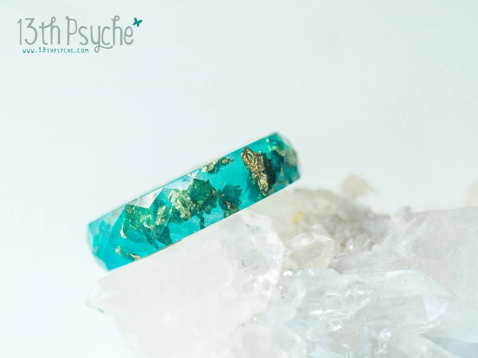 Turquoise and gold flakes faceted resin ring