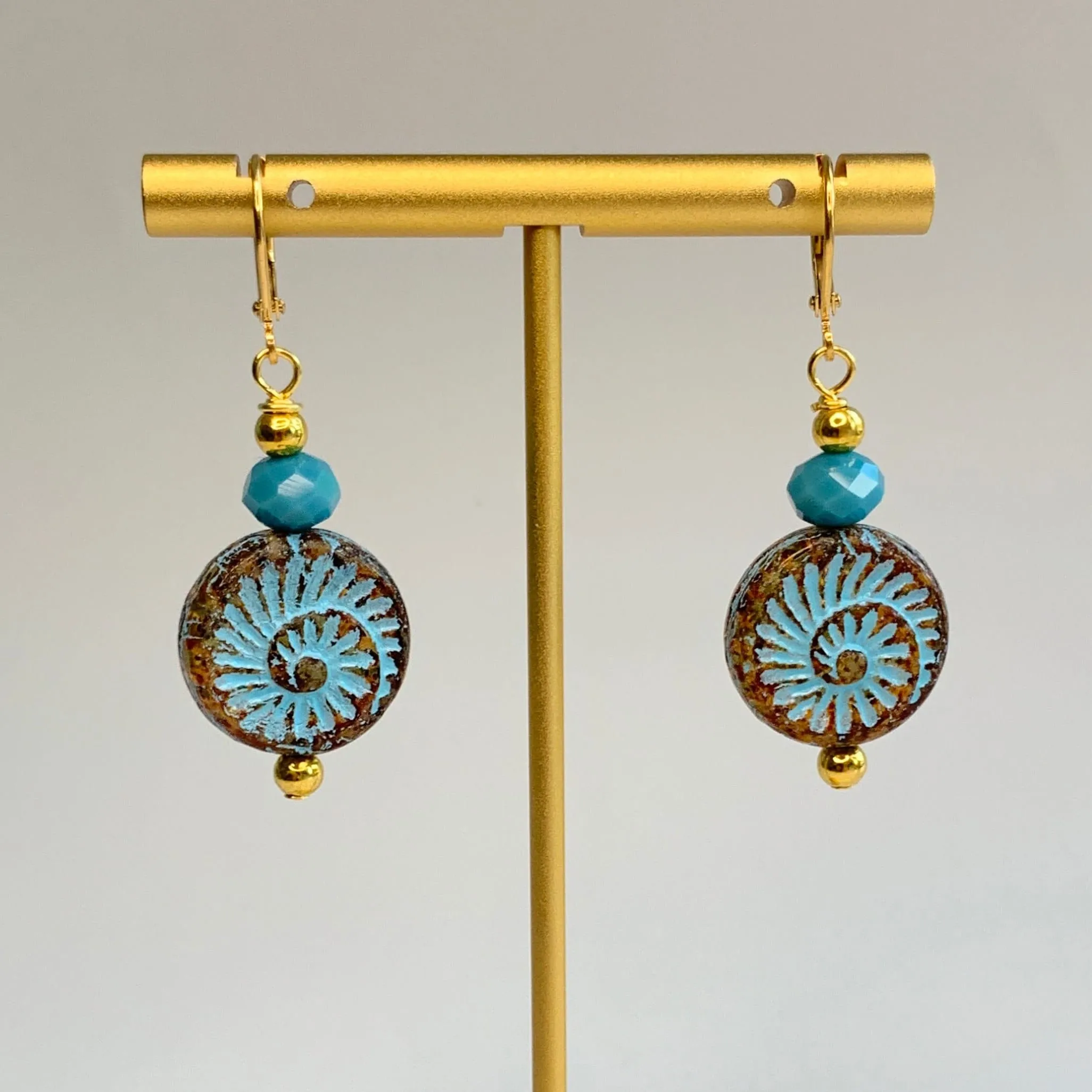 Turquoise Wash Czech Glass Ammonite Earrings