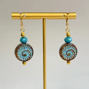 Turquoise Wash Czech Glass Ammonite Earrings