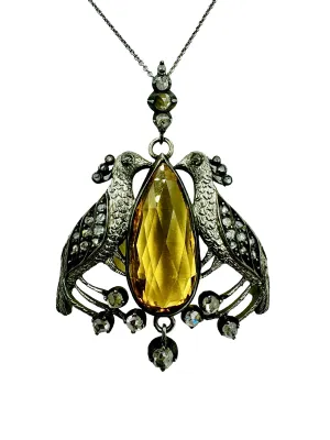 Victorian Peacock Birds Citrine Diamond Pendant Necklace Circa 1890s