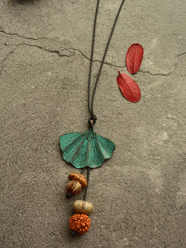 Vintage Wooden Beaded Leaf Shape Necklaces Accessories