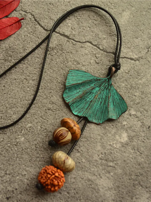 Vintage Wooden Beaded Leaf Shape Necklaces Accessories