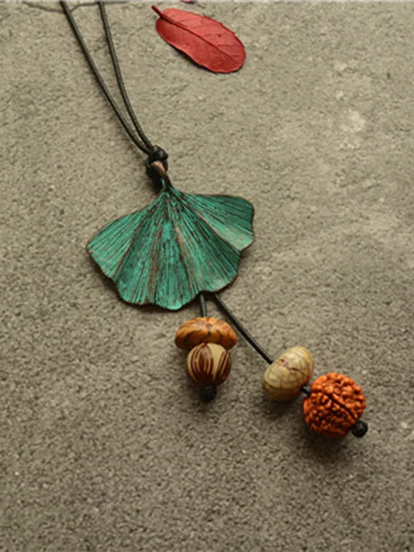 Vintage Wooden Beaded Leaf Shape Necklaces Accessories