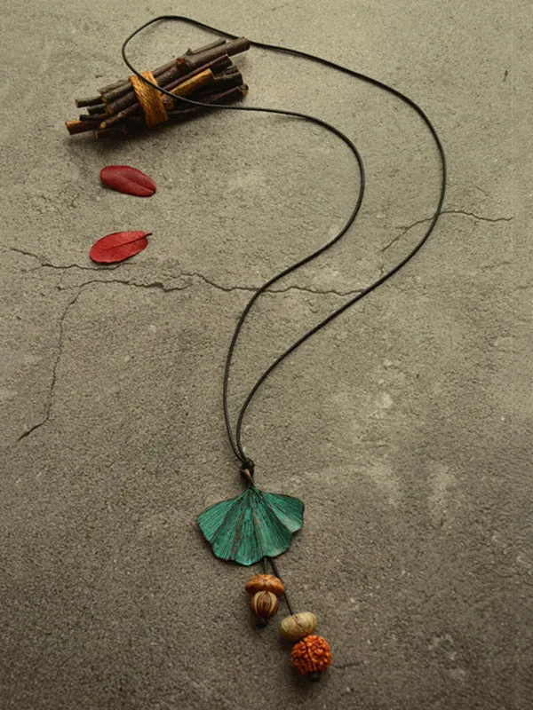 Vintage Wooden Beaded Leaf Shape Necklaces Accessories