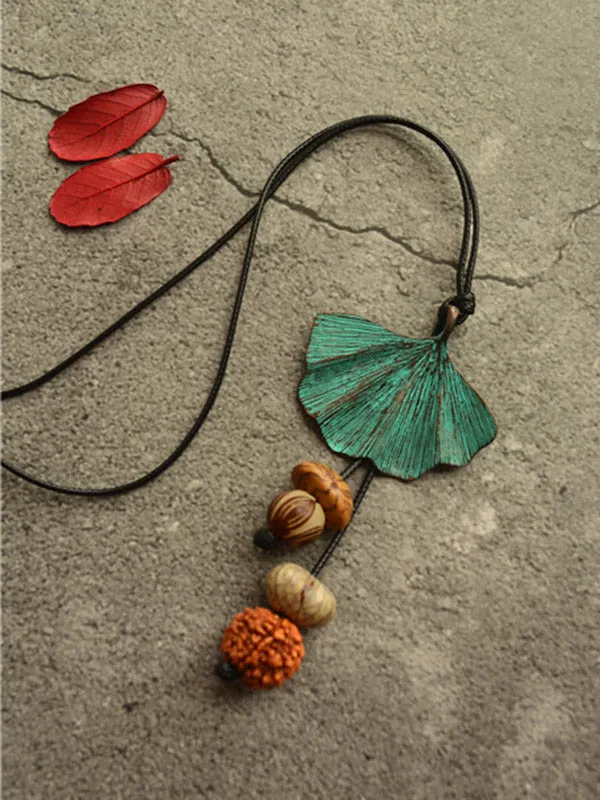 Vintage Wooden Beaded Leaf Shape Necklaces Accessories