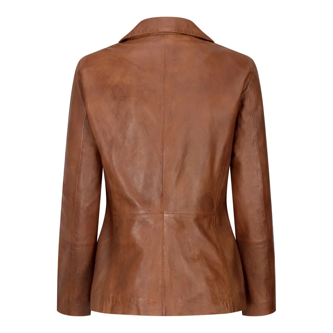 Womens Real Leather Blazer Jacket Short 1 Buton Brown Tan Black Classic Retro